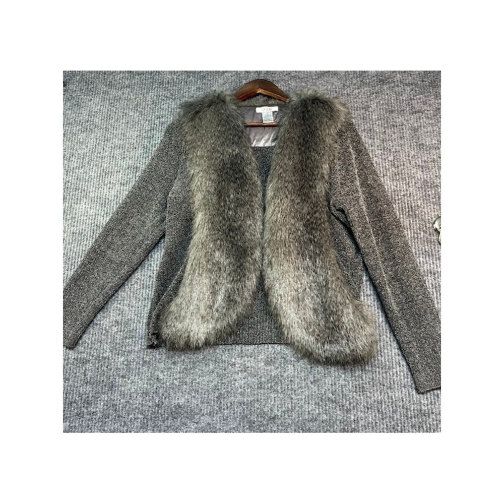 La Seine Womens Grey Marled Knit Faux Fur Trim Open Front Cardigan Jacket Small